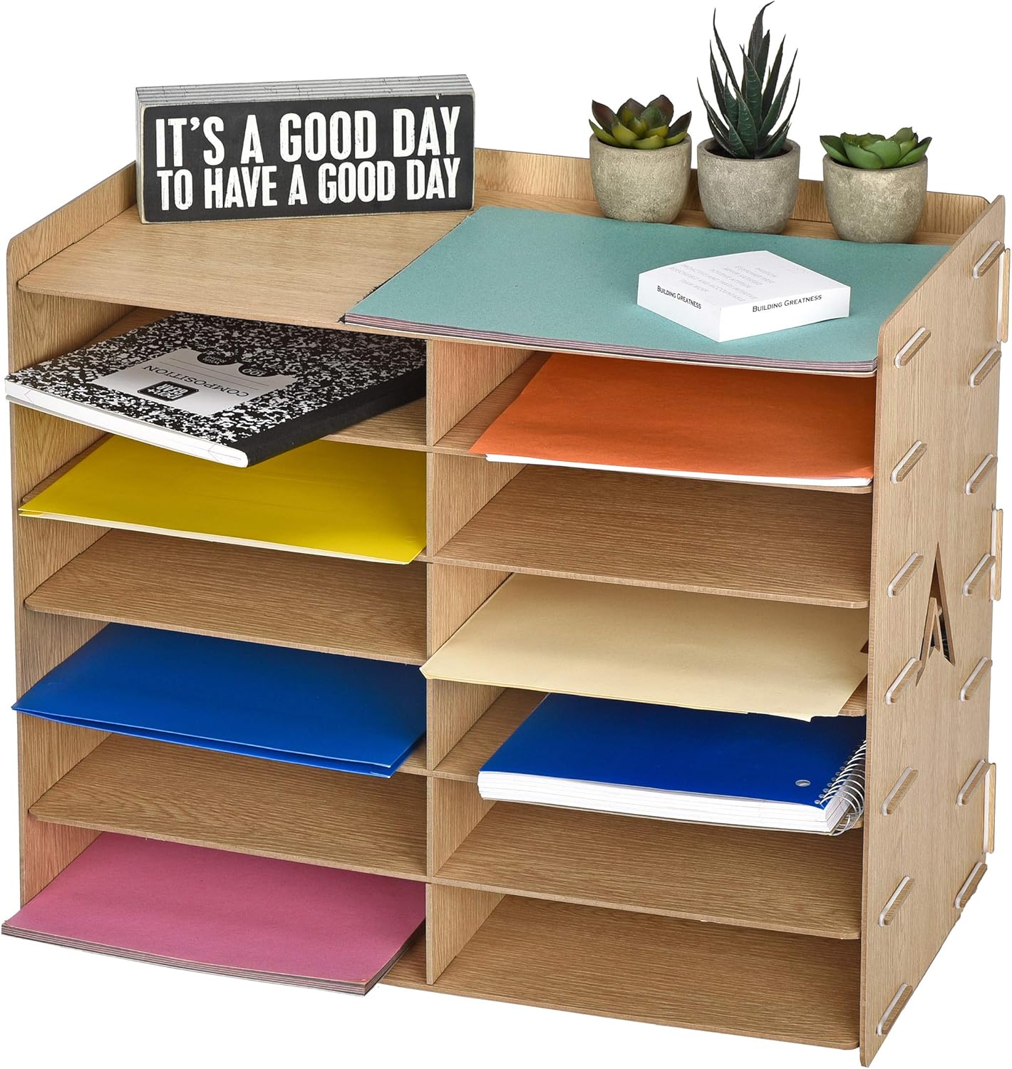 Partially assembled Adir Wood Paper Storage Organizer showing interlocking panels.