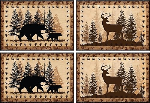 Miniatura 38 de Juego de 4 manteles individuales de tela vintage rosa para mesa de comedor, manteles individuales rectangulares de tela Rosa Vintage,Oso y