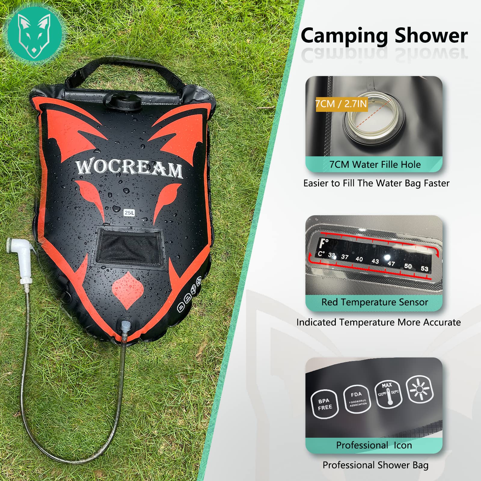 CyConncet Wolf-Head Campeggio Doccia Esterna, 6,6 Gallon/25L Borsa Doccia da Campeggio, Grande Flusso D'Acqua, Doccetta Solare Doccia in PVC Borsa Doccia Portatile per Campeggio Spiaggia Zaino Viaggio