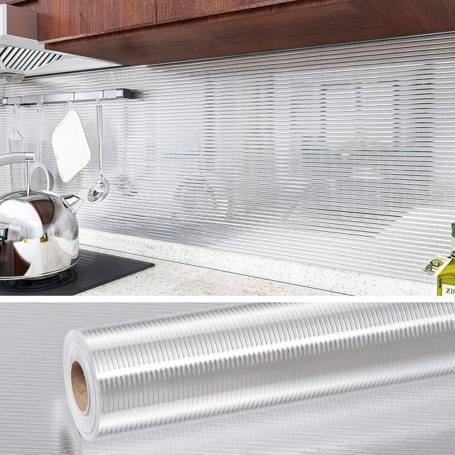 VEELIKE Silver Kitchen Stripe Wallpaper Self-adhesive Waterproof Oilproof Worktop Vinyl Covering 40cm x 300cm Sticky Back Plastic Removable Washable Countertops Splashback Furniture Foil