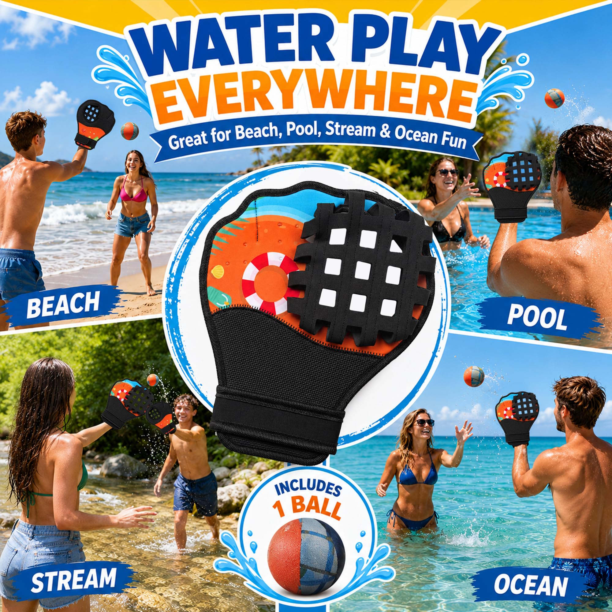 Water Bounce Ball Fanghandschuh-Set, schwimmendes Wurf- und Fang-Poolspiel mit 2 Fanghandschuhen und 1 Wasser-Bounce Ball, Strand und See Outdoor Sommer Familienspielzeug