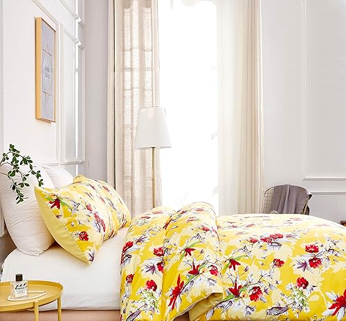 Miniatura 5 de DaDa Bedding - Funda de edredón con diseño floral amarillo radiante, colibríes, flores rojas, jardín, con fundas de almohada, brillante, vibrante,
