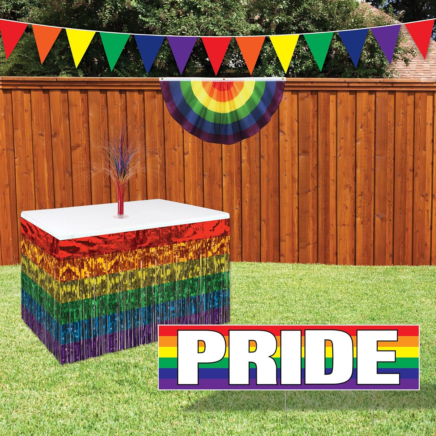 Beistle Rainbow Pennant Banner, Fabric Rainbow Bunting, Rainbow Metallic Table Skirting, 2 Piece Rainbow Metallic Spray Centerpieces, and Jumbo Rainbow Pride Yard Sign