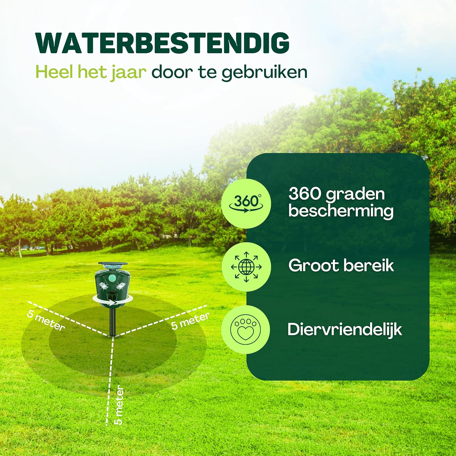 The Vulpes Goods Animal Repeller placed in a garden, showing its 360-degree coverage and 10-meter motion sensor range, and highlighting its waterproof design.