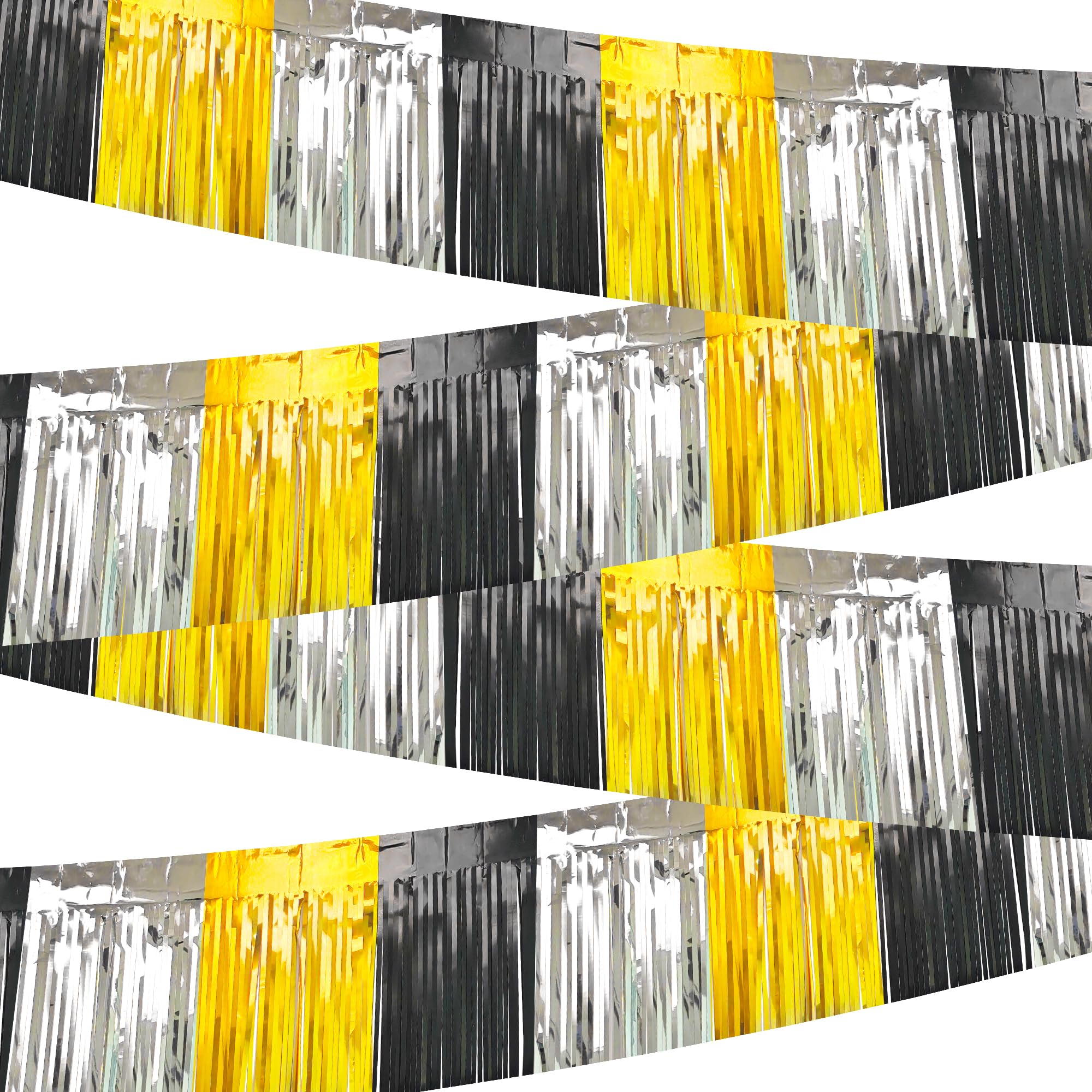 4 Packs Total 39 Ft Parade Floats for Trailer Car, Black Gold Silver Foil Fringe Garland Tinsel Streamers Banner Table Skirts for Graduation Homecoming New Year's Eve Birthday Party Decor