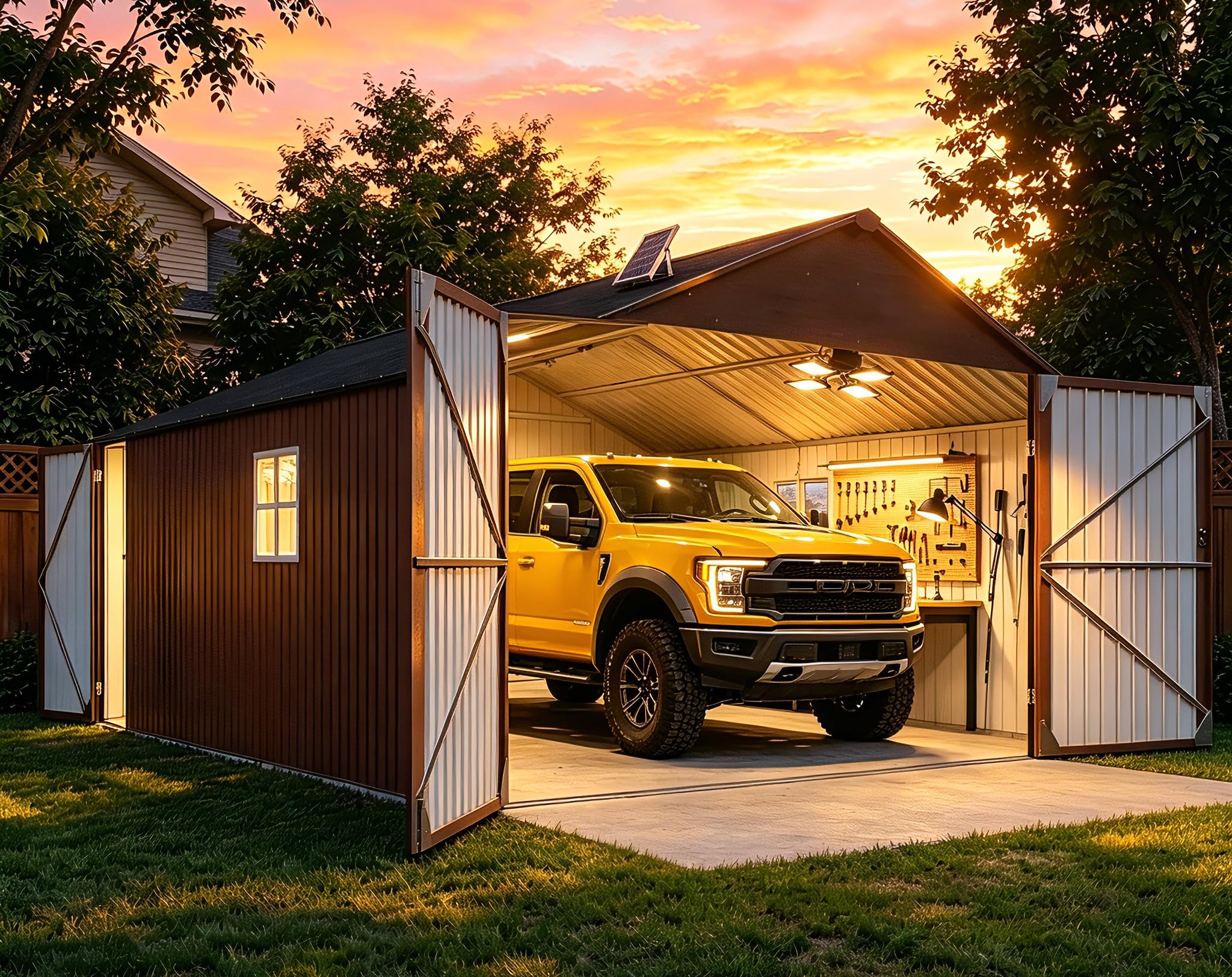 Aoxun 12x20 Metal Shed with Solar Light