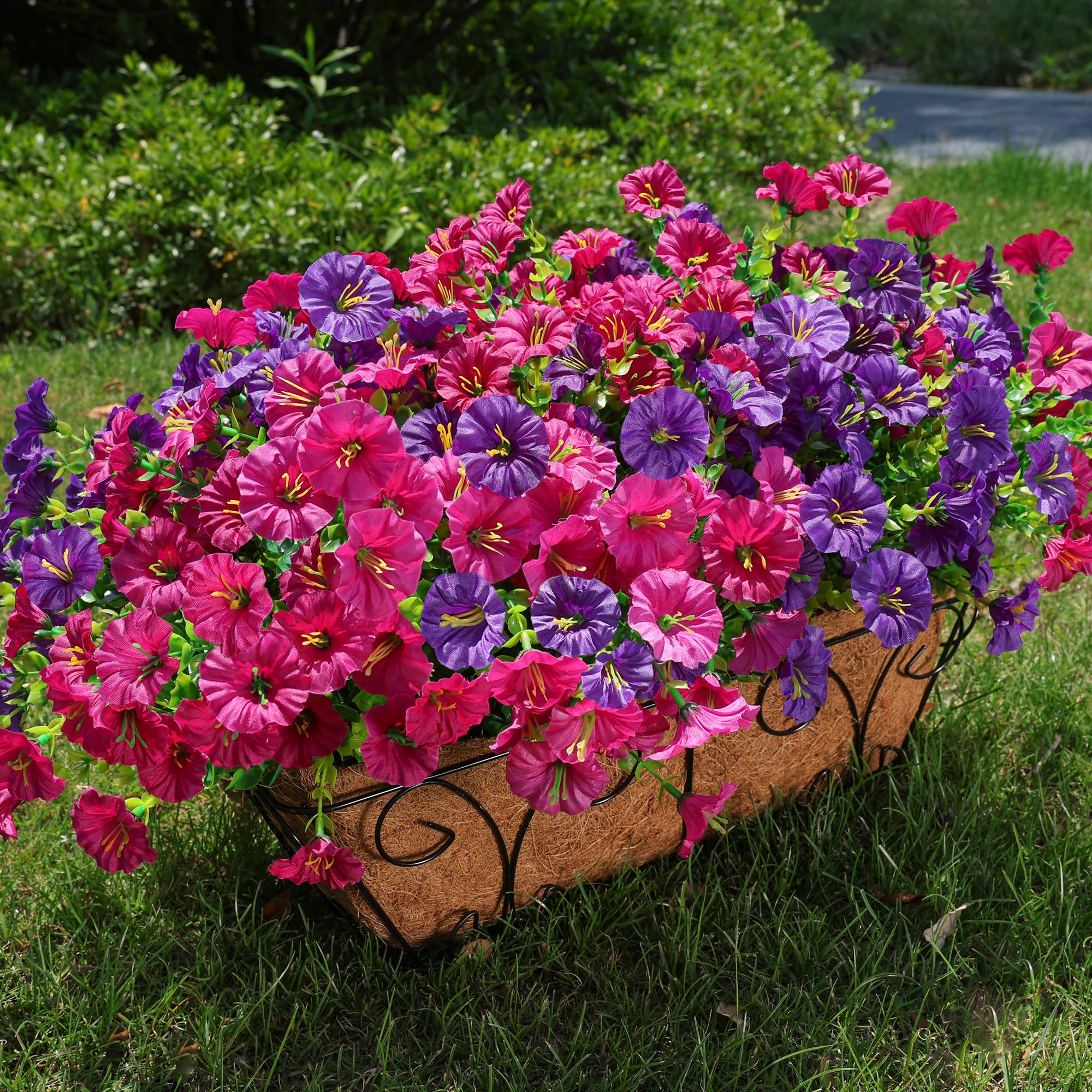 HyeFlora Artificial Flowers for Outdoors Fake Plants Outside Decoration, 12 Bundles Silk Colorful Morning Glory with Eucalyptus UV Resistant Realistic Faux Flowers for Planter Porch Patio Yard Garden