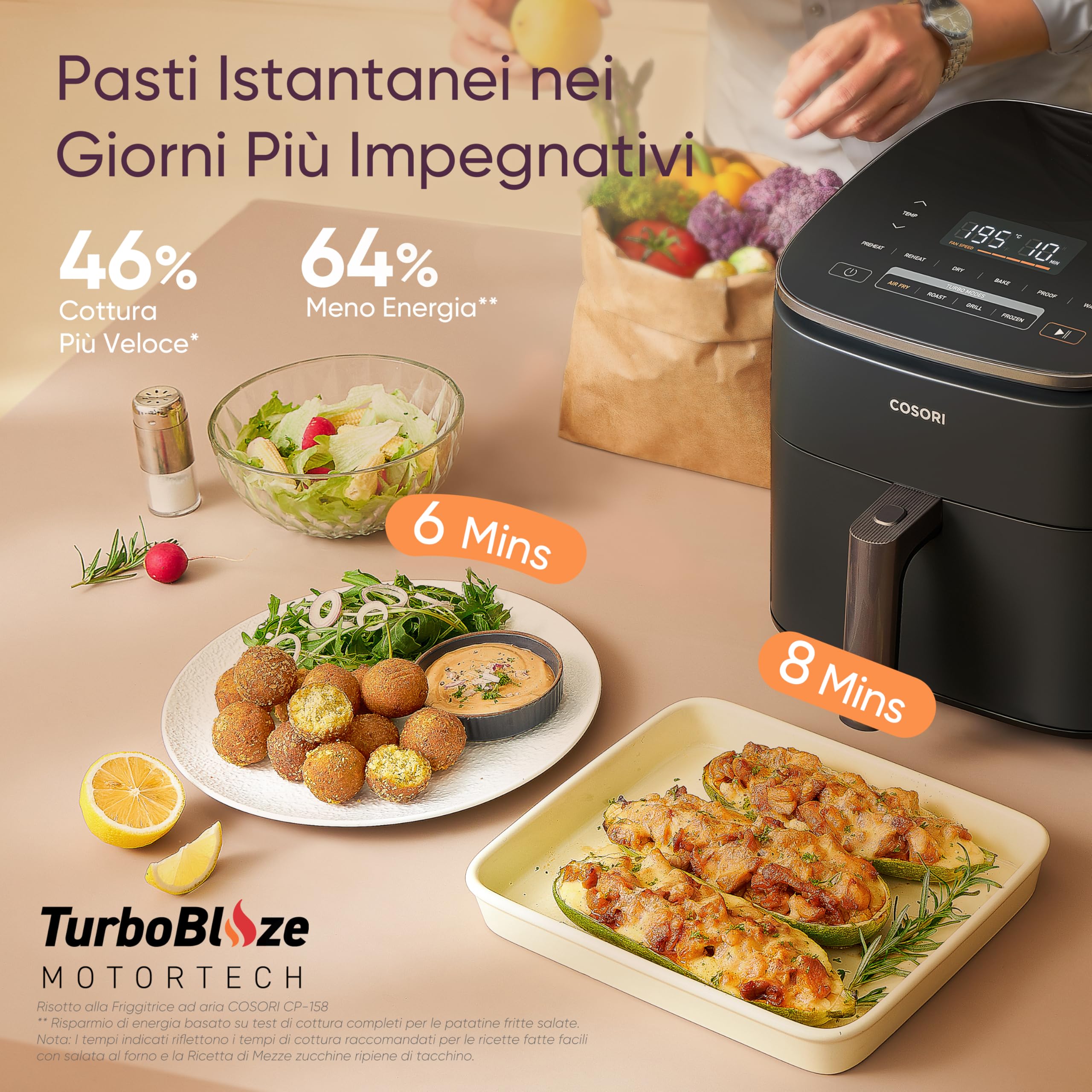 COSORI Friggitrice ad Aria Turbo Blaze 6 Litri, Air Fryer con DC Motore Tecnologia, 9 Funzioni & 5 Velocità della Ventola Automatica, 110 Ricette & 96 Tabelle di Cottura degli Ingredienti, 1725W
