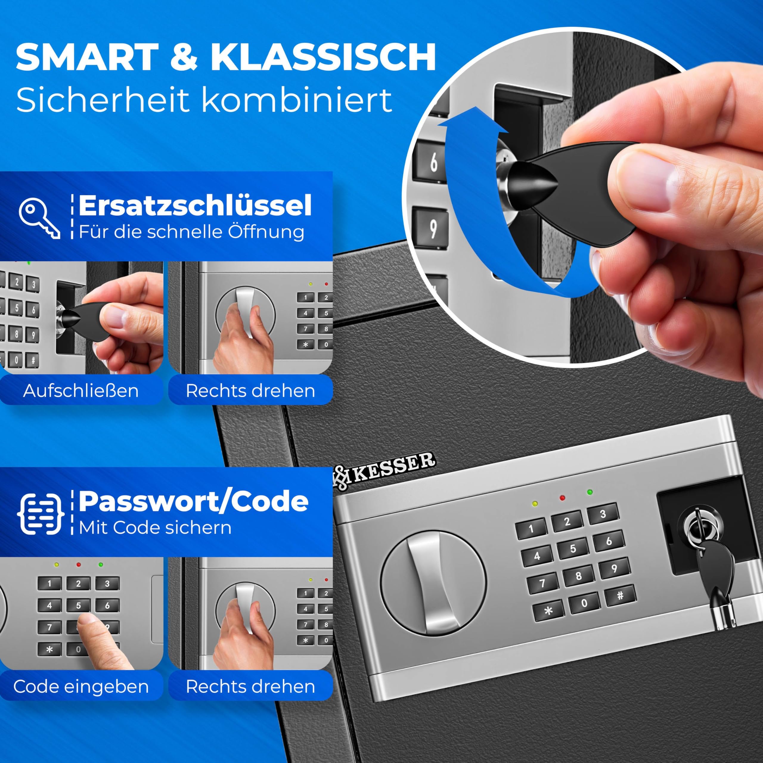 KESSER® Elektronischer Tresor | 35x25x25cm | Inkl. Batteriebox | Elektronischer Safe | 3x Doppelbolzenverriegelung | Boden Wandtresor | Möbeltresor | Innenbeleuchtung | Panzerschrank Zahlenschloss