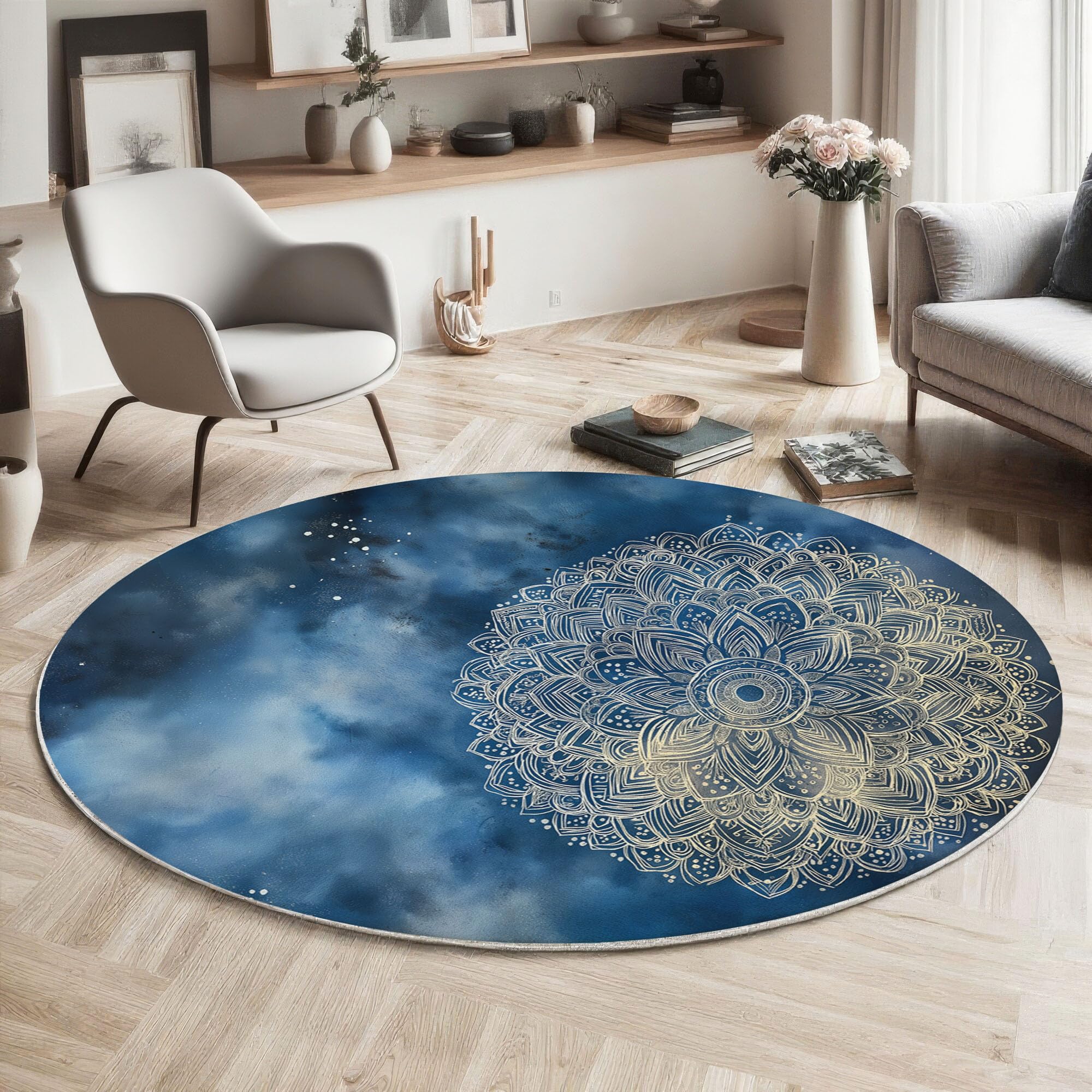 Tappeto Rotondo Salotto Tema Di Meditazione Tappetini Antiscivolo Tappeto Mandala Del Cielo Stellato Tappetini Pelo Corto per Bambini Cameretta Cucina Casa Zona Balcone Tavolino, 140 cm, Blu Scuro