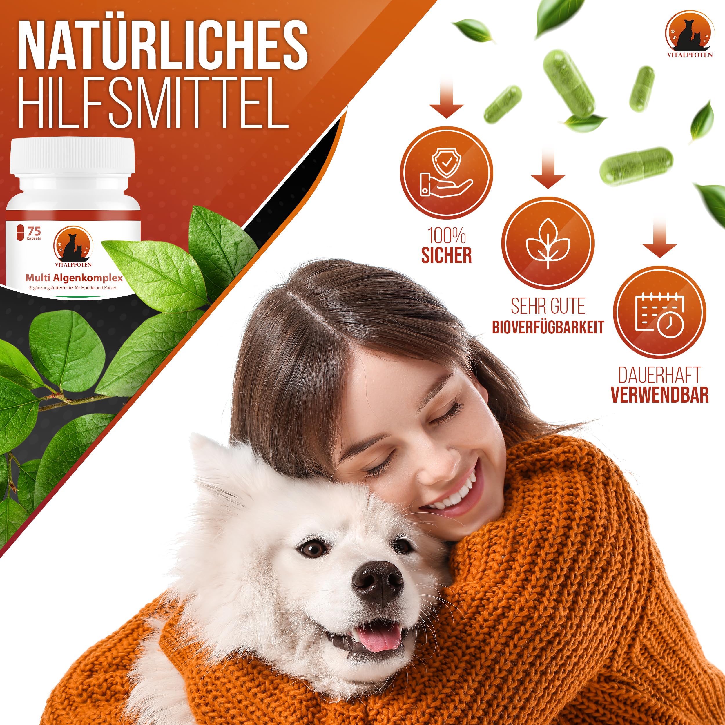 3x75 Multi Algenkomplex Kapseln für Hunde und Katzen mit Chlorella, Spirulina, Grünlippmuschel, Eisen, Vitamin C & Vitamin B nutrikomplex - Energie & Nerven - Vitamin-B und Eisentabletten