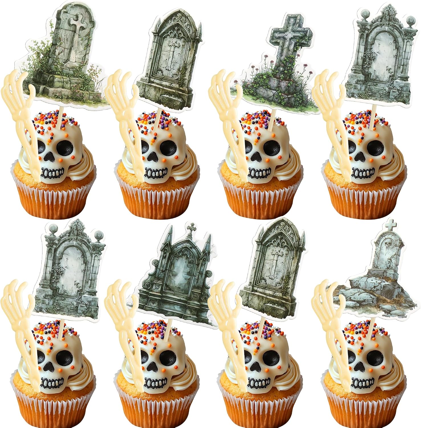 Ephlyn 48Pcs Halloween Skeleton Zombie Hand Cupcake Toppers Shovel Spoons Cupcake Picks Halloween Cake Decorations for Horror Theme Birthday Party Decorations Green Black