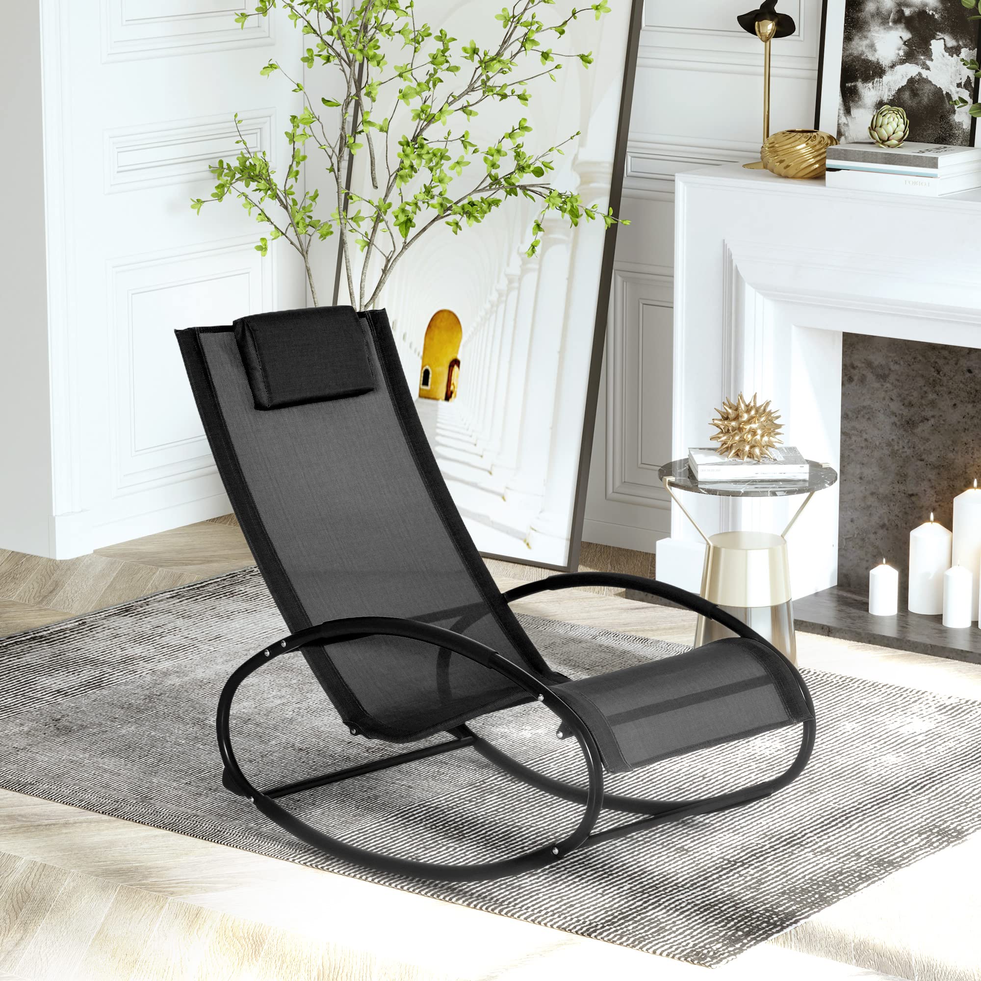 Outsunny Sdraio da Giardino Zero Gravity, Sedia a Dondolo Ergonomica con Cuscino e Tessuto Traspirante per Interno ed Esterno, Nera, 105x62x88 cm