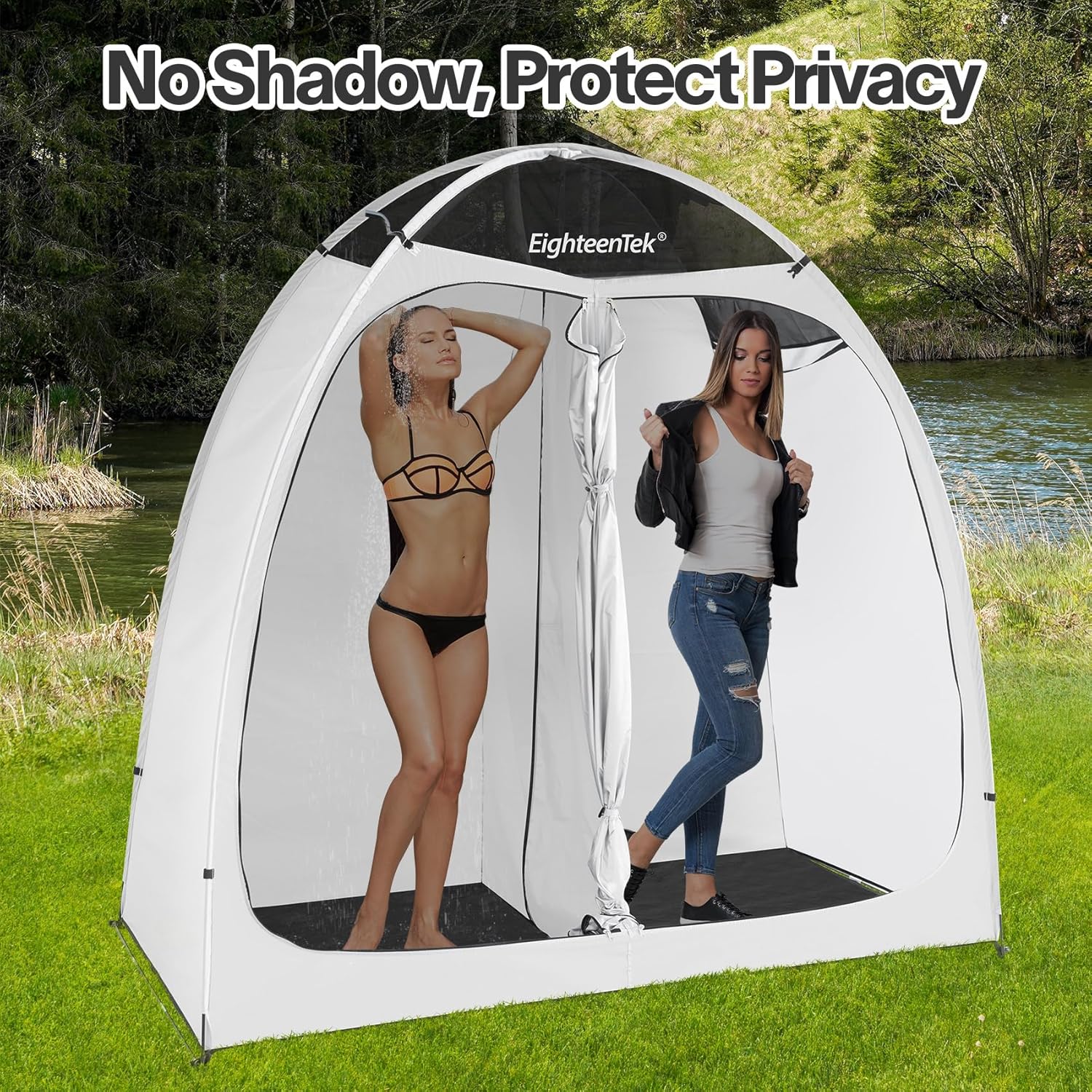 EighteenTek Pop Up Shower Tent Changing Room with Fixed Floor Two Rooms - Portable Privacy Dressing Shelter for Camping and Events - Spacious and Convenient - 83"x43"x80"H