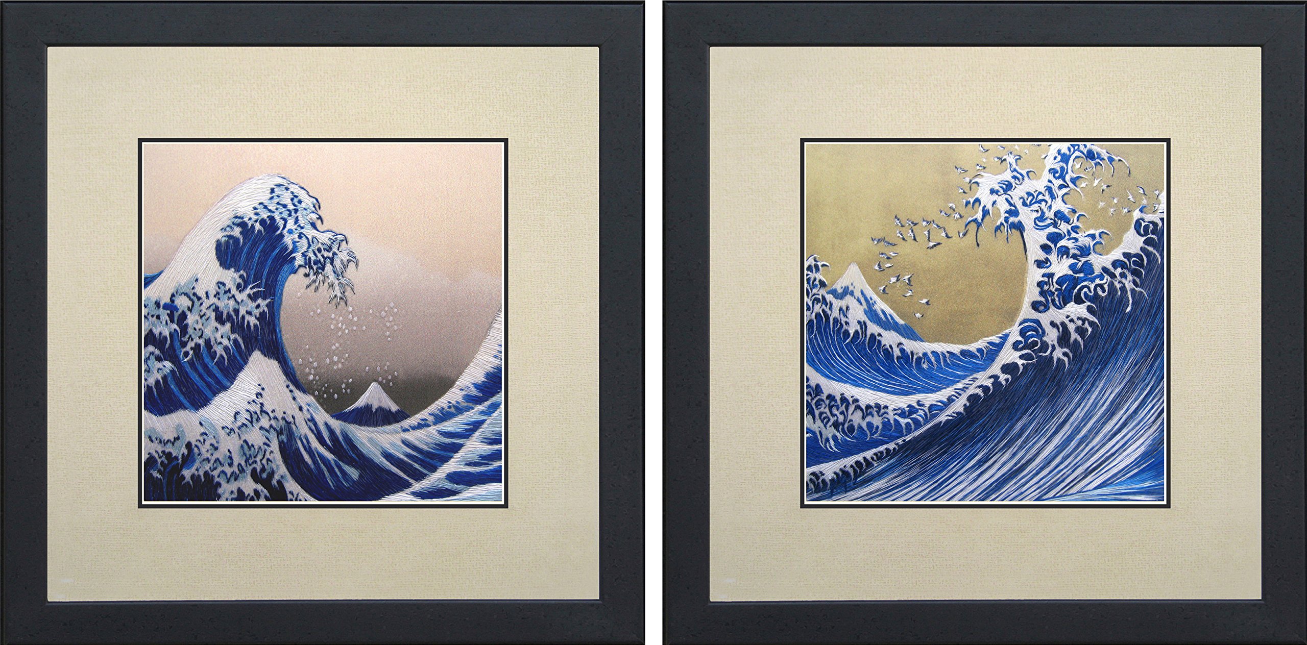 King Silk Art 100% Handmade Embroidery Mixed Group The Great Wave off Kanagawa - Hokusai Chinese Wildlife Landscape Painting Gifts Oriental Asian Wall Art Décor Artwork Hanging Picture Gallery 37130WF+37131WF