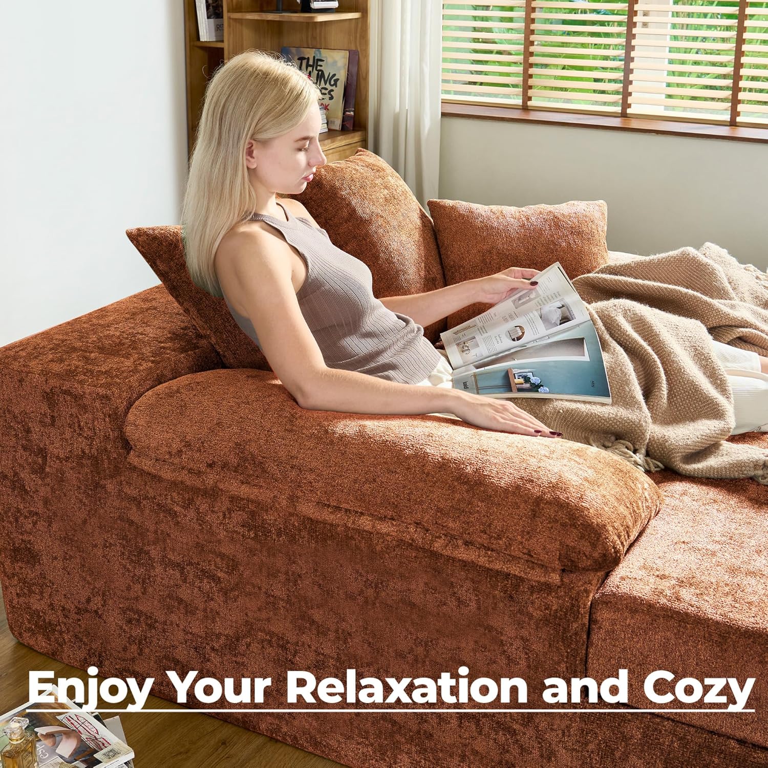 68" Chaise Lounge Chair Indoor, Oversized Chenille Upholstered Boneless Sofa Bed, Deep Seat Sleeper Couch Reading Chairs, Cloud Sofas Couches with Armrests and 4 Pillows for Living Room, No Assembly