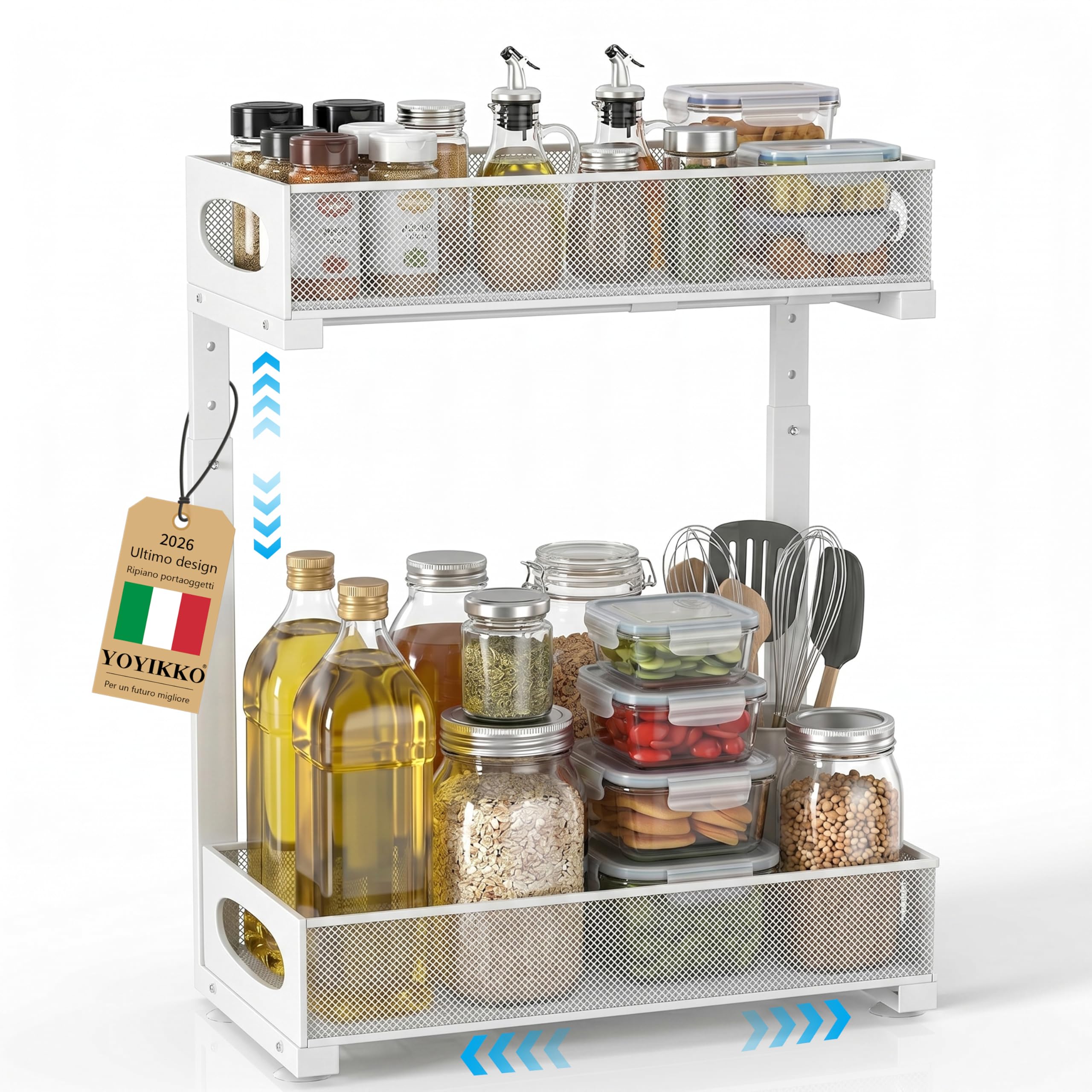 Organizer Sottolavello Cucina，Scaffale Estraibile a 2 Livelli, Scorrevole Organizer Sottolavello Portaoggetti Ripiano Multiuso sotto Lavandino per Cucina Bagno，Regolabile in Altezza (bianco-32)