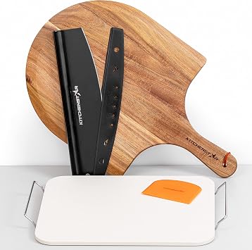 Pizza Stone for Oven and Grill 15x12 inch + Pizza Cutter Rocker 14" + Acacia Wood Pizza Peel 14" - Pizza Making Set Bundle - Premium Pizza Oven Accessories and Tools