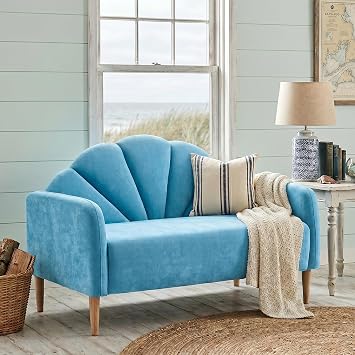 49.6" Loveseat Sofa, Mid Century Modern 2-Seater Sofa for Living Room, Office Couch, Linen Upholstered Furniture with Wooden Legs, Small Couch for Small Spaces & Bedroom, Easy Assemlby, Lake Blue