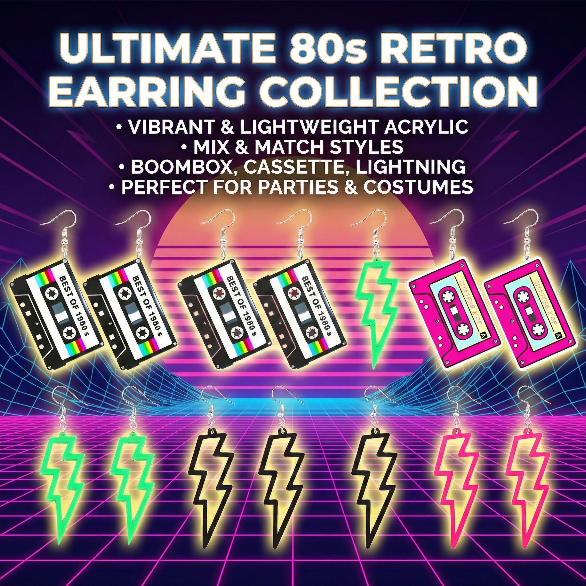 Pendientes de Neón Años 80 Retro Cintas de Casete 6 Pares Mujer