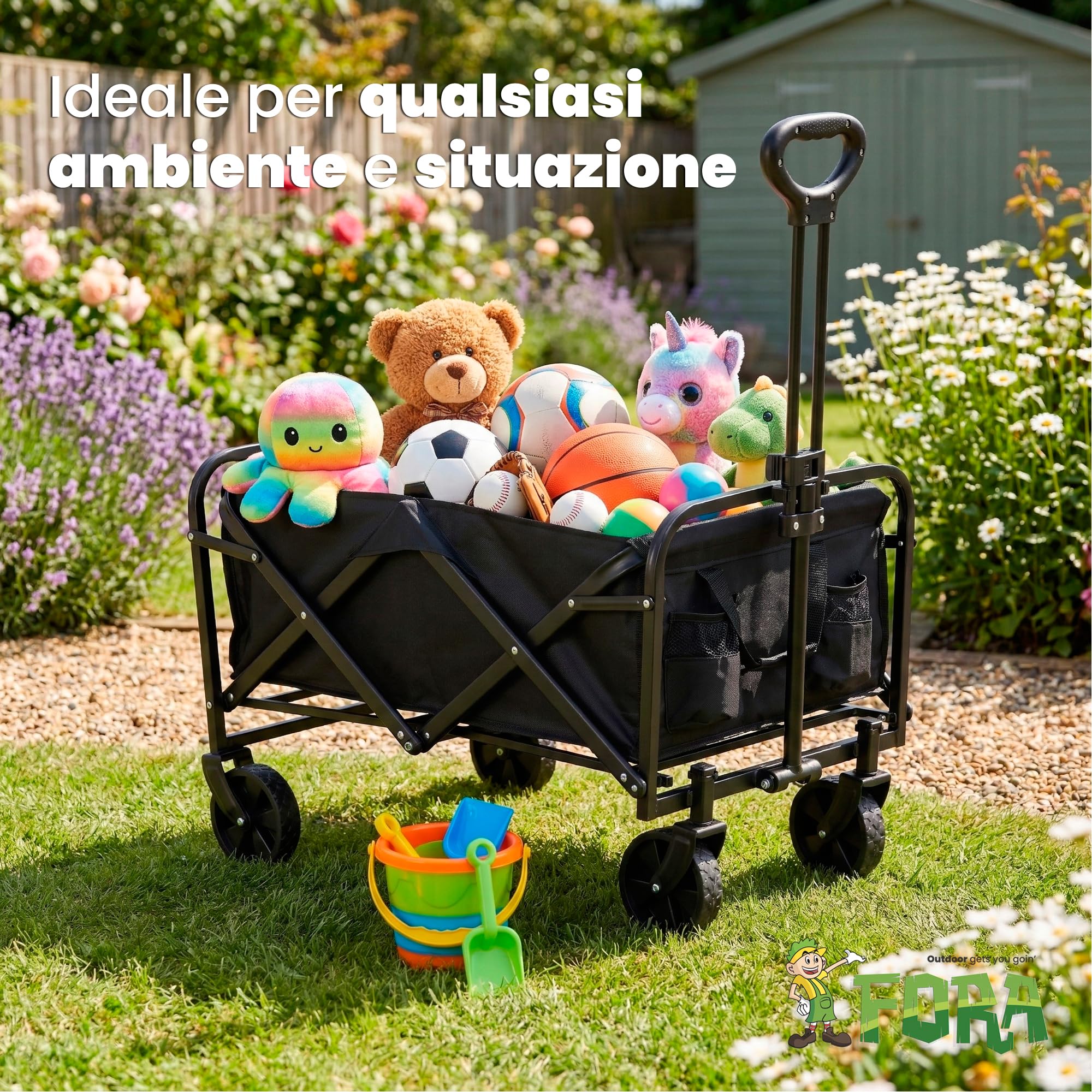 Fora Carrello da trasporto pieghevole con ruote grandi - Carrello multiuso per spiaggia, campeggio, giardino e shopping | struttura robusta, maniglia estensibile regolabile, tessuto impermeabile