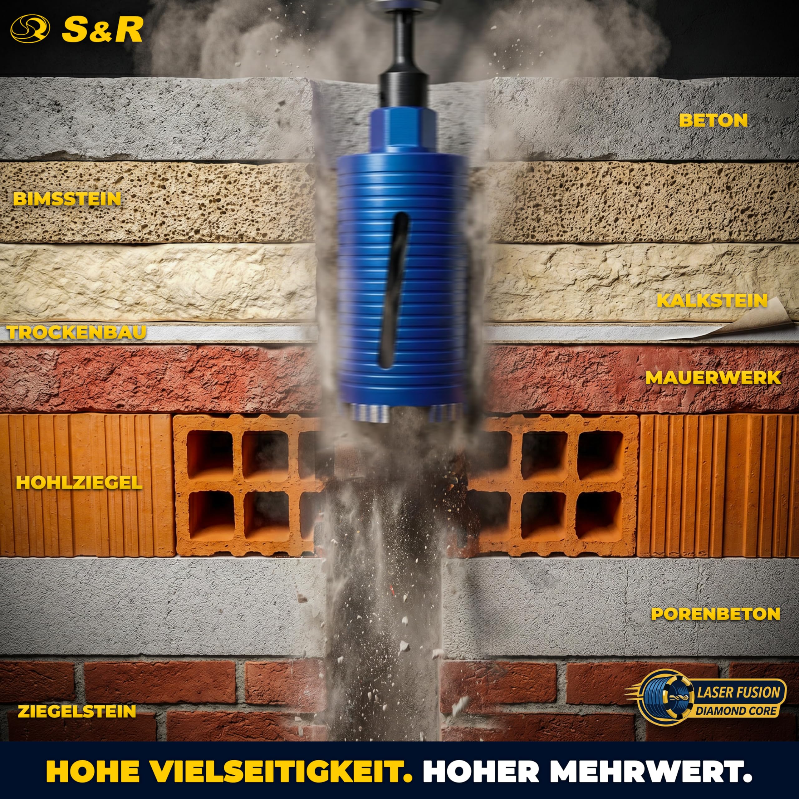 S&R Diamentowa koronka wiertnicza 72 mm, wiertło rdzeniowe M22, długość 200 mm, segment 10 mm, wiertło centrujące, adapter SDS-plus, koronka wiertnicza na sucho, diamentowa koronka wiertnicza do