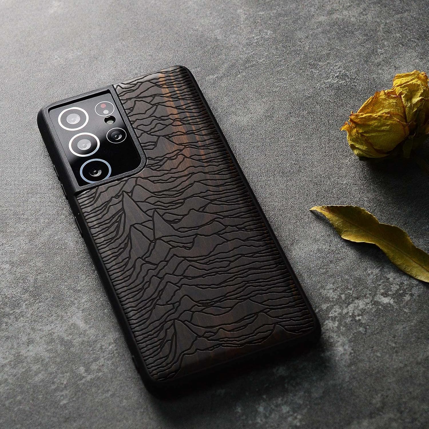 Carveit Wood Case for Galaxy S21 Ultra Case [Natural Wood & Black Soft TPU] Shockproof Hybrid Protective Unique Wooden Cover Compatible with Samsung S21 Ultra 5G (Unknown Pleasures-Blackwood)