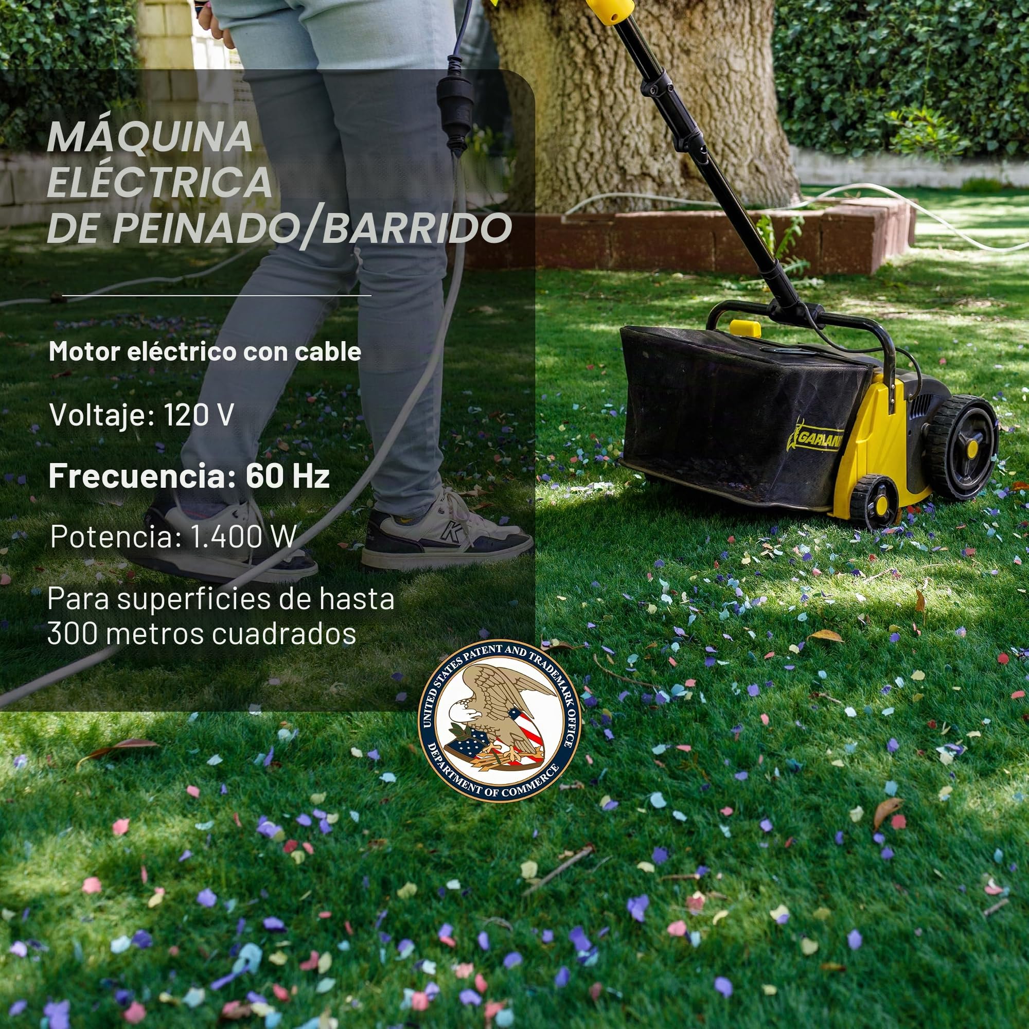 Barredora de césped artificial por Roll & Comb, rastrillo eléctrico con cable para césped artificial, regalo de jardinería genial, colector de hojas de 25 litros, modelo 302e, 8.98kg.