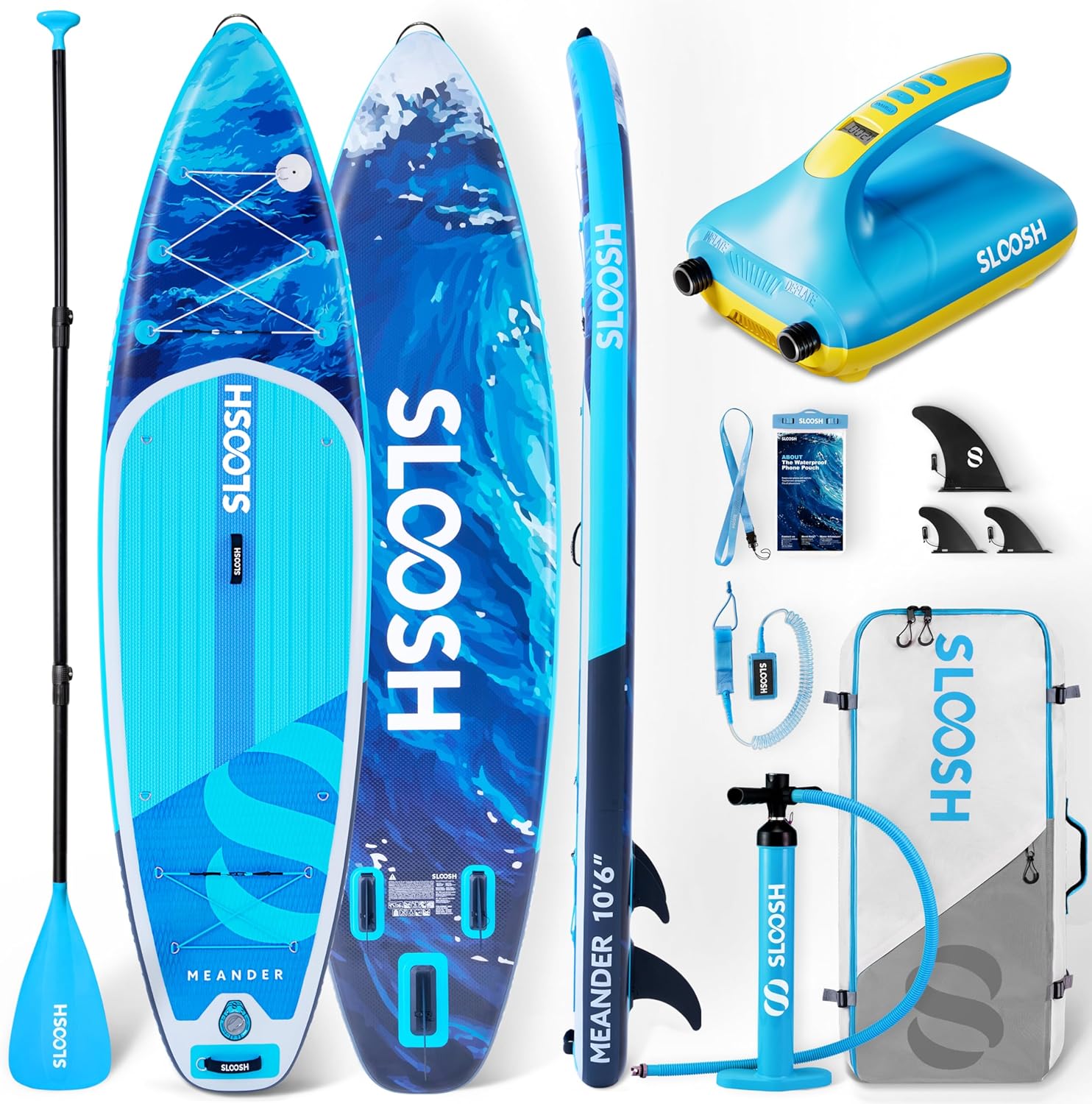 SLOOSH 10'6" Inflatable SUP & Electric Pump Bundle – Stable Paddle Board Kit with EVA Deck, 20 PSI Fast Pump, Kayak Paddle, Lightweight Backpack
