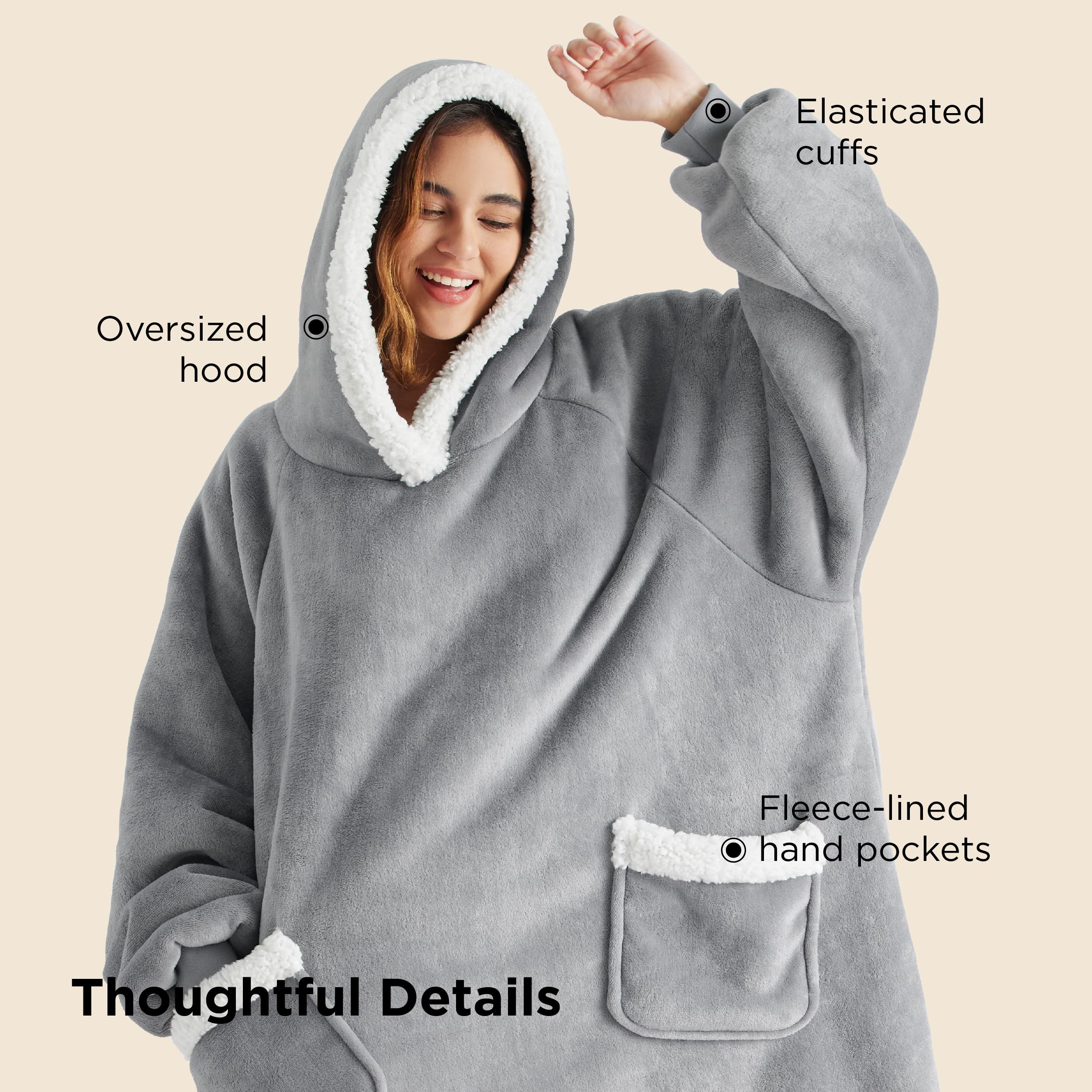 Bedsure Blanket Hoodie, Wearable Blanket Hoodie as Gifts for Mom, Birthday Gifts for Women Kids Teens Mother's Day Sherpa Sweatshirt, Grey, Standard