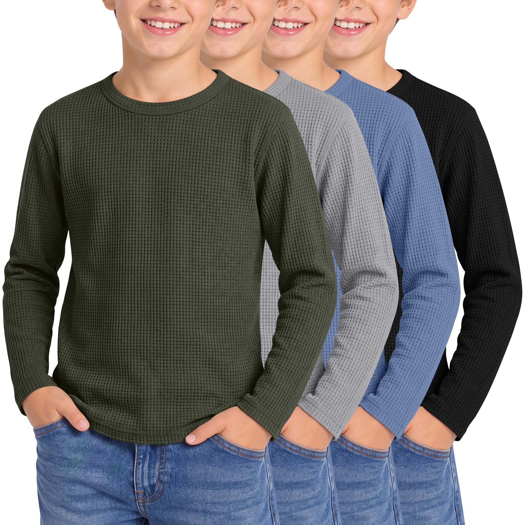 4 Pack Boys Long Sleeve Waffle Knit Thermal Shirts
