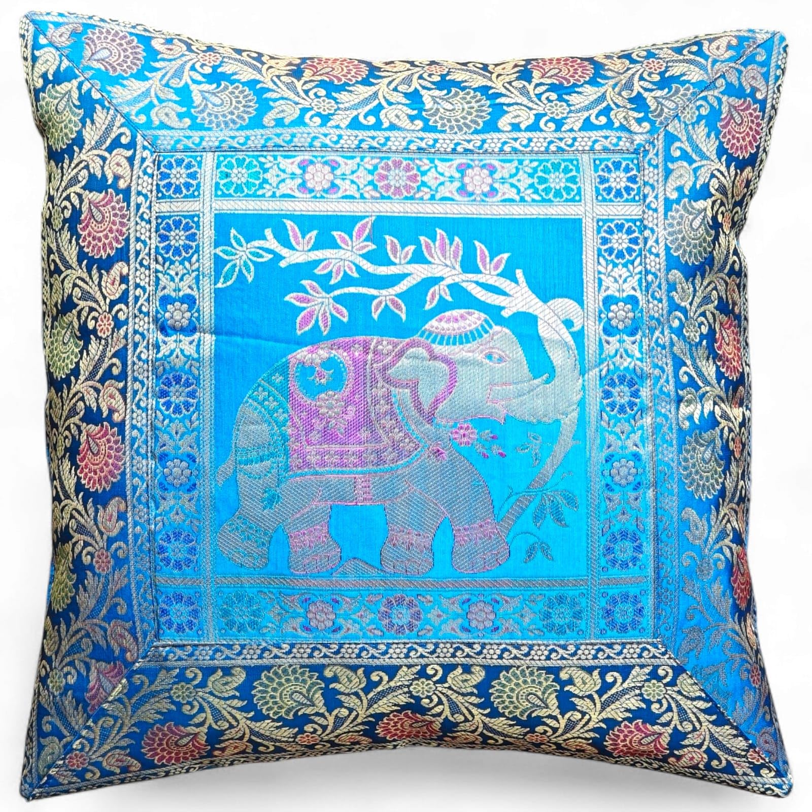Original Kikan Blue Indian Elephant Mandala Silk Cushion Covers Sari Brocade Boho Home Decor Cushion- Pillow Cases 16”X16” Zip Closure Banarsi | Ethnic - Handmade - Patchwork (Blue)