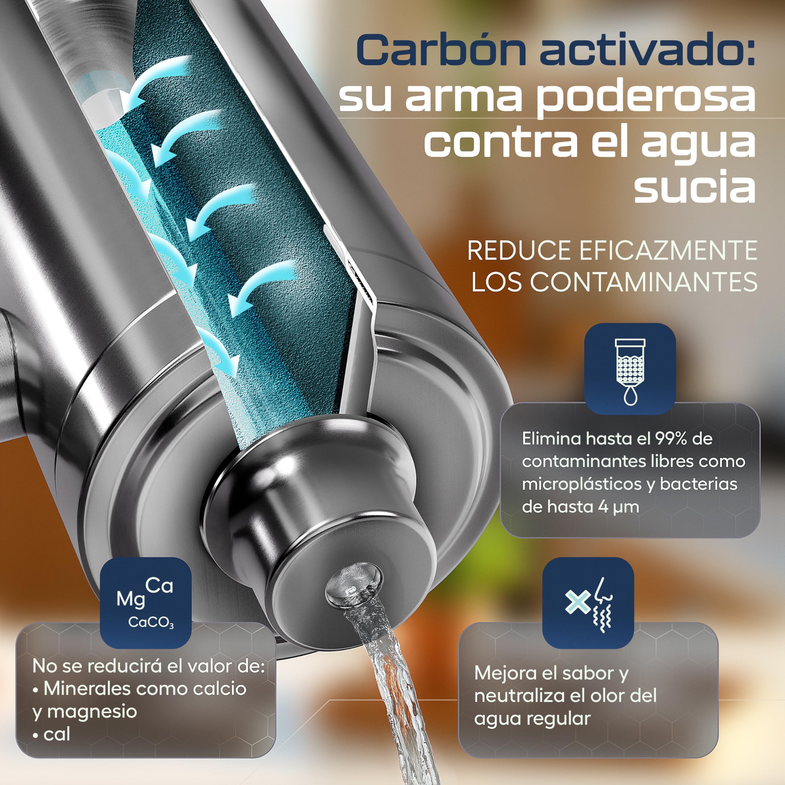 VILTARO® Filtro Agua Grifo – solo 0,02 €/litro de agua potable, sin BPA, acero inoxidable, aireador ahorrador de agua, filtro de carbón activo | Filtro de agua para grifo, filtro grifo cocina
