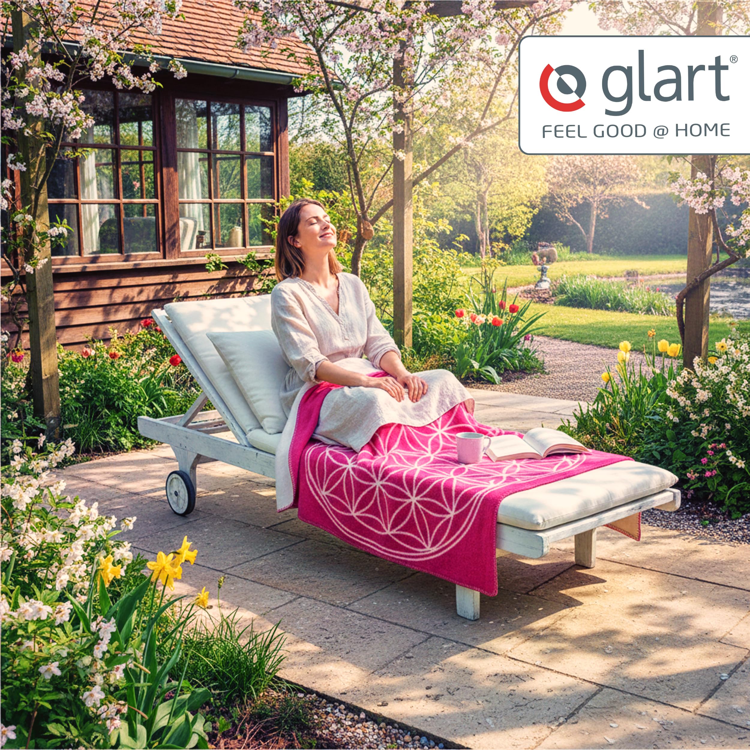 Glart J2BP coperta morbida Fiore della Vita rosa per divano | coperta morbida e plaid per divano, design Fiore della Vita in rosa, in misto cotone-acrilico