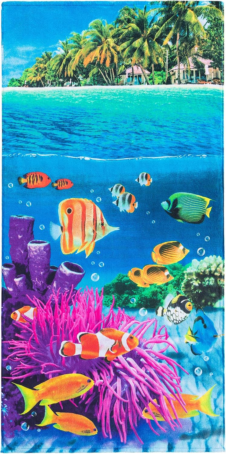 Softerry Tropical Island Beach Towel 30 x 60 inch 100% Cotton Coral Reef and Fishes