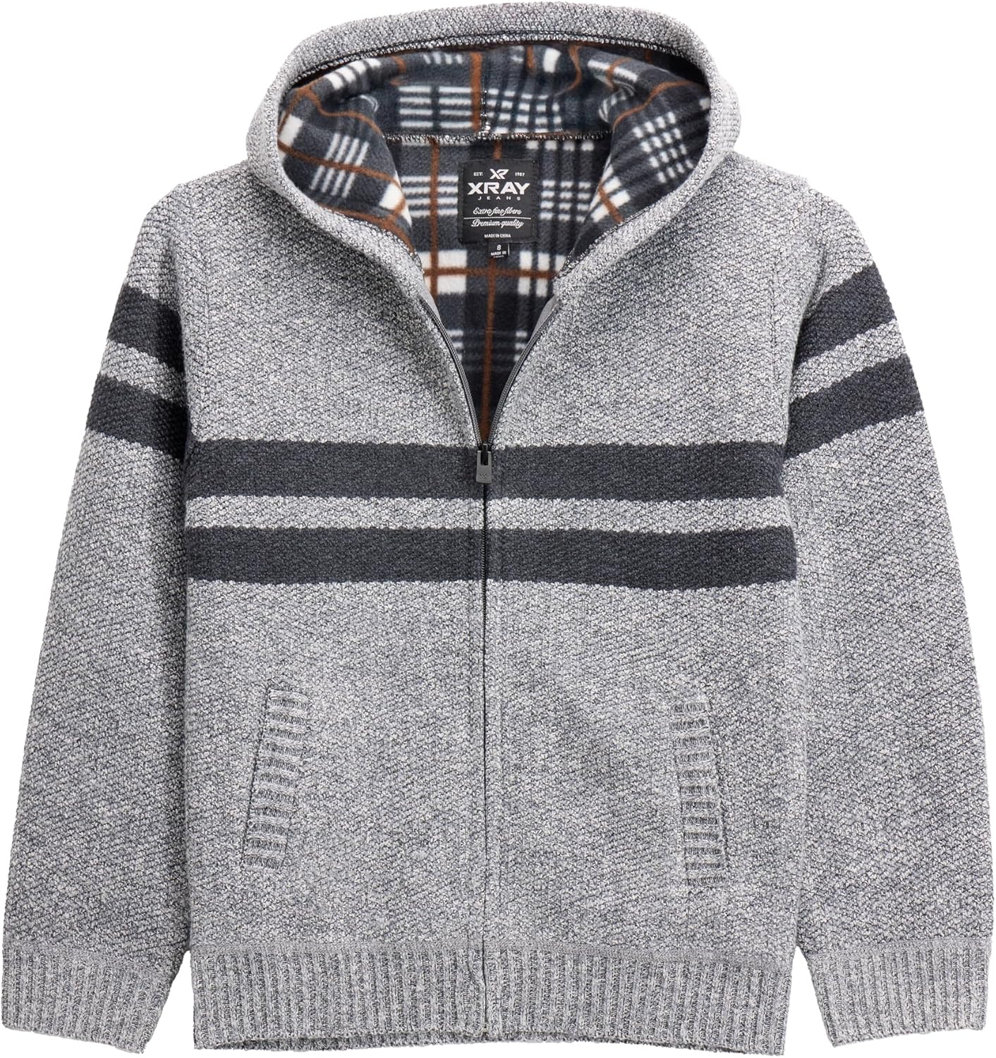 X RAY Boys (6-12) Full Zip Fleece Flannel Lining Sweater with Hood, Kids Knit Sweater for Spring, Fall and Winter