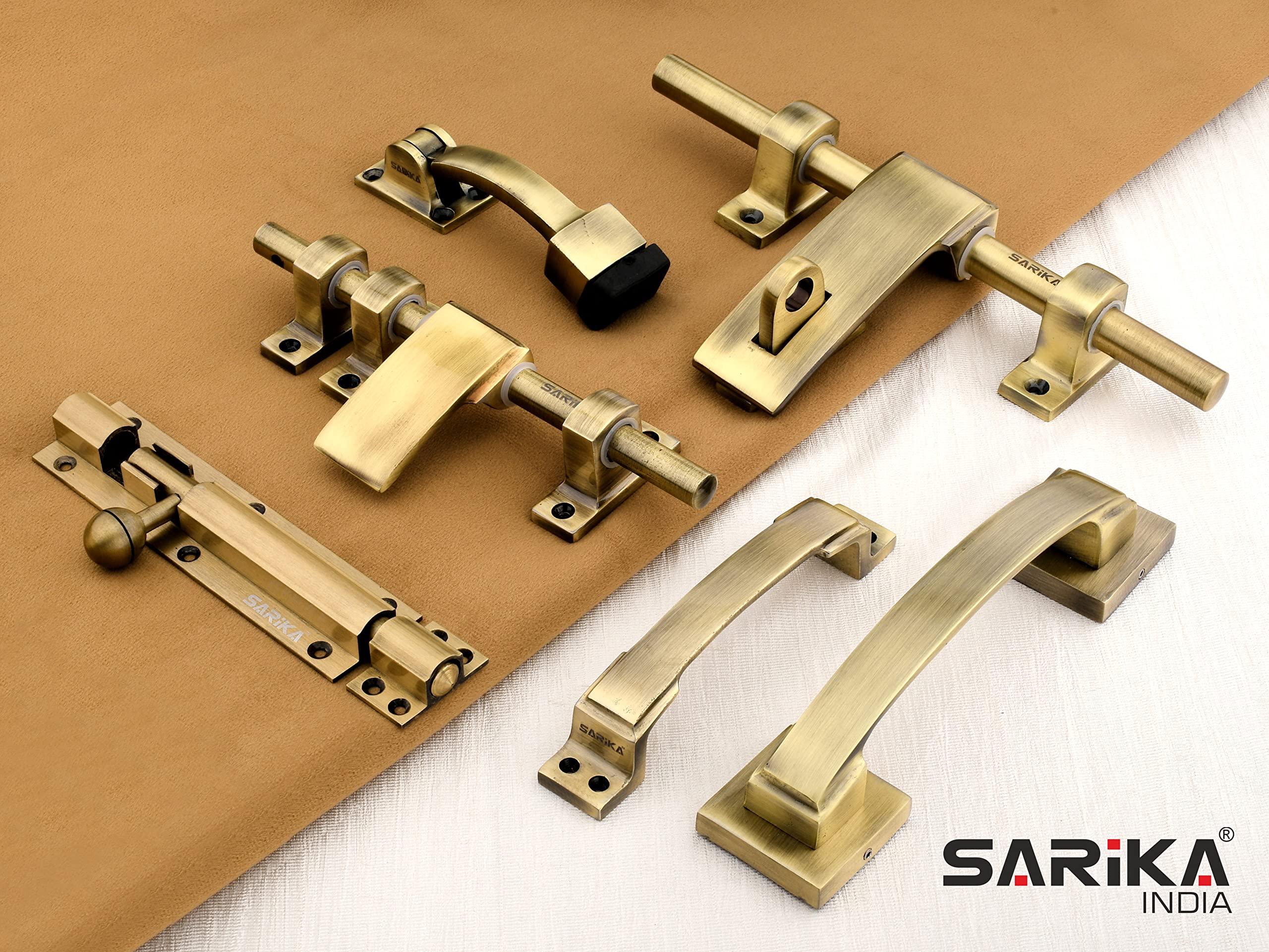 Soul Craft Altis Zinc Alloy Heavy Double Door Fitting Accessories Full Set/Kit (1 Aldrop, 1 Latch, 4 Handles, 2 Tower Bolt and 2 Door Stopper) (12 Inch,Antique Brass) — Amazon image 2