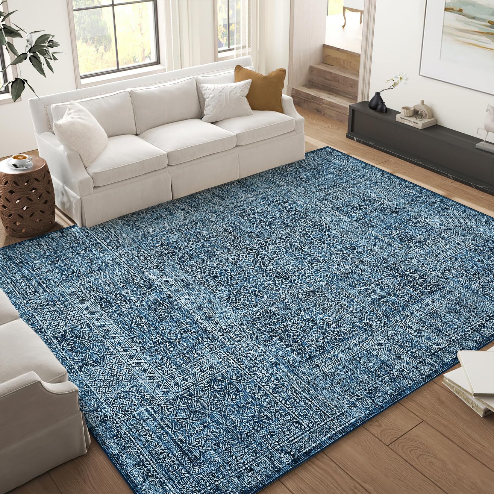 8x10 Washable Area Rugs, Soft Vintage Large Bedroom Rug Ultra Thin Non-Slip Carpet Rug for Living Room Dining Room, Navy Blue