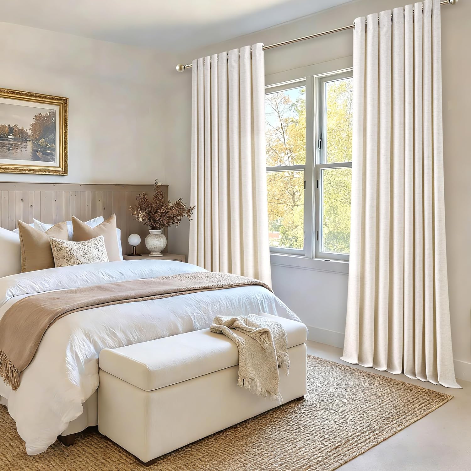 Natural Linen Curtains 96 Inches Long 2 Panels Bronze Grommet Curtain Burlap Ivory Cream Colored Light Filtering Semi Sheer Drapes Thick Linen Blend Floor to Ceiling Length Living Room 8ft