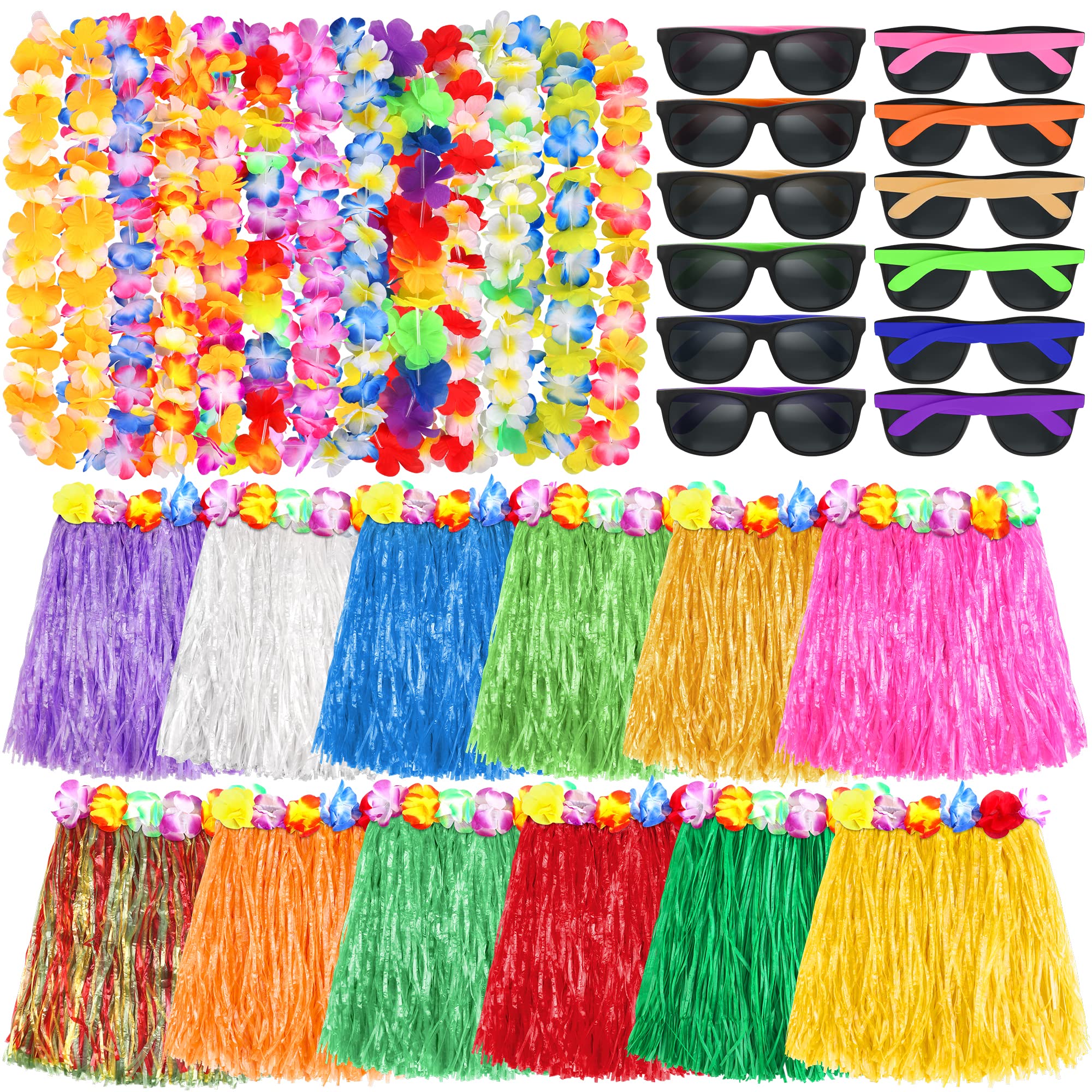 Aodaer 36 Pieces Hawaiian Party Decorations Set Include Luau Grass Skirts Leis Necklace and Neon Sunglasses Tropical Flower Garlands for Beach Pool