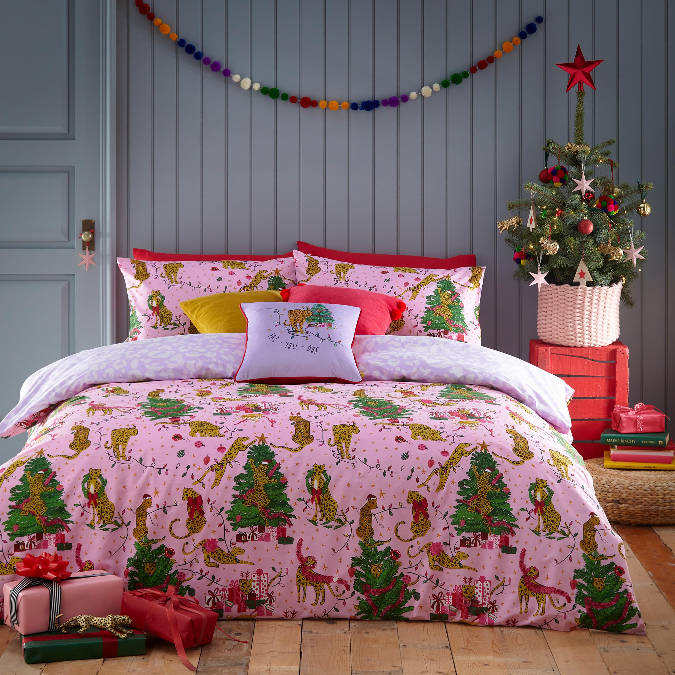 Parure de lit double chat de Noël en tissu facile à repasser