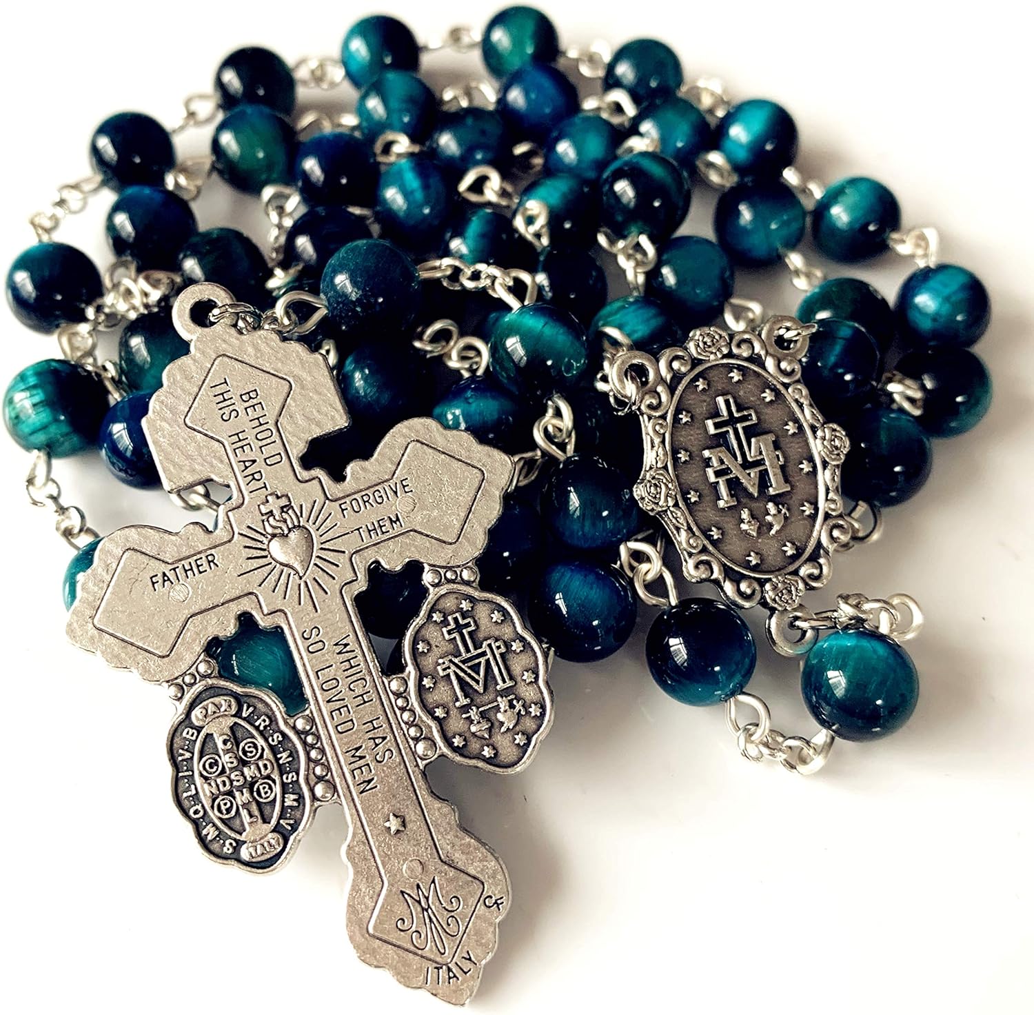 elegantmedical Handmade Peacock Blue Tiger Eye Beads Our Lady of Grace Rosary Peacock Cross Necklace Catholic Gifts - Image 6