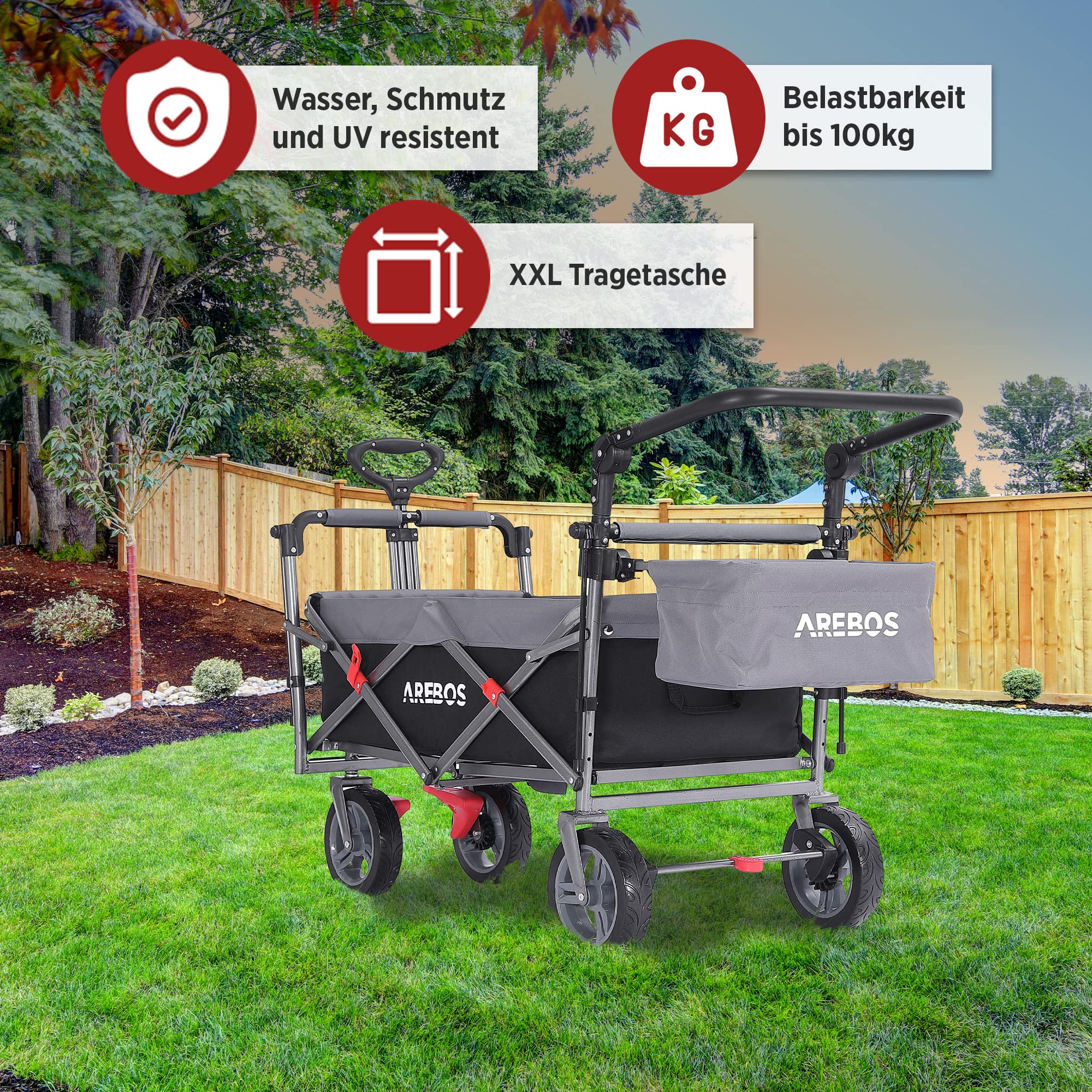 Arebos Bollerwagen Premium faltbar mit Dach | Handwagen | Faltwagen | Transportwagen | klappbar | bis 100 kg Tragkraft | Vorder- und Hinter-Bremse | Schwarz