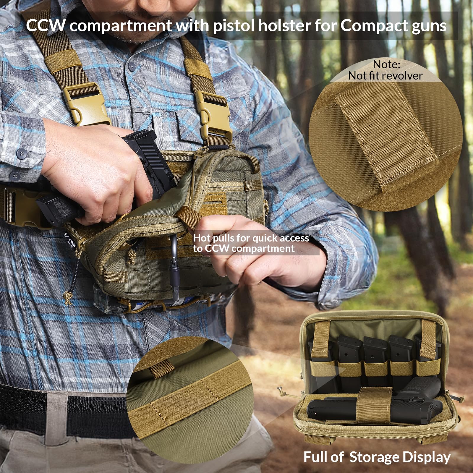 VOTAGOO GEAR Tactical Chest Pack EDC Chest Bag 2L Utility Molle Chest Rig Pouch with CCW Compartment Adjustable Strap Outdoor (GREEN&BROWN)