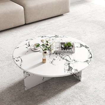 33.5" Marble Round Coffee Tables for Living Room, Contemporary Elegant Center Table for Waiting Area, Space-Saving Coffee Table for Farmhouse & Urban Living Rooms, White