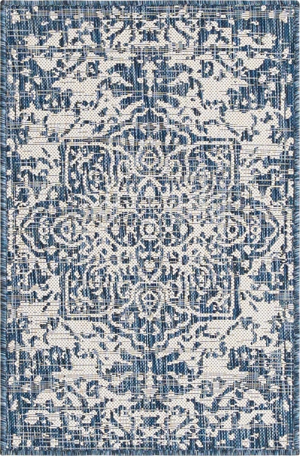 Rugs.com Jill Zarin Outdoor Collection Rug – 2' 2 x 3' Blue Flatweave Rug Perfect for Entryways, Kitchens, Breakfast Nooks, Accent Pieces