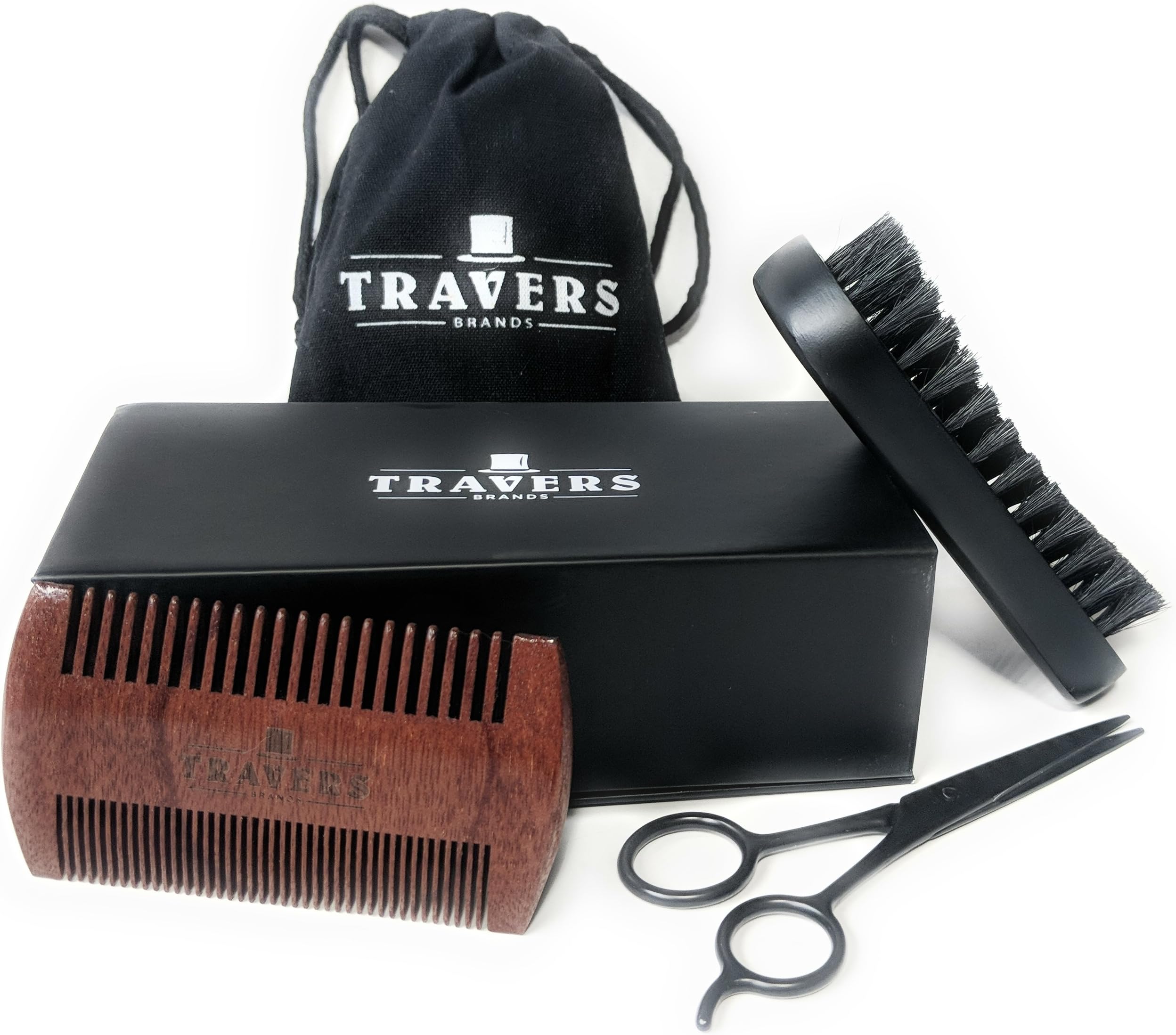 Travers Brands Beard Grooming Kit for Men, Beard & Mustache Growth Grooming & Trimming Gift Set, Black Boar Bristle Beard Brush, Red Sandalwood Beard Comb, Black Trimming Scissors for Styling