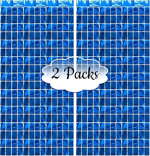 Miniatura 2 de Paquete de 2 cortinas de flecos de aluminio de 3.3 x 6.6 pies, color azul metálico metálico para cumpleaños con lentejuelas, fondo para fotos,