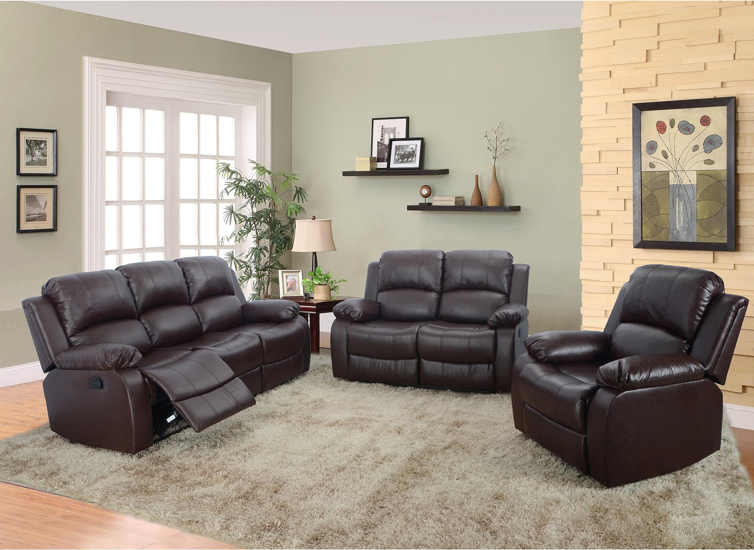 3 Piece Bonded Leather Sofa & Loveseat & Chair with 5 Recliners (Set of 1), Brown