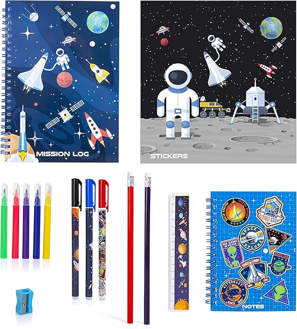 Space Stationery Set - Stationery Set for Boys and Girls - Contains A5 Notebook, A6 Notebook, 3 Pens, 2 Pencils, A3 Solar System Poster. Learn about the Space and the Solar System